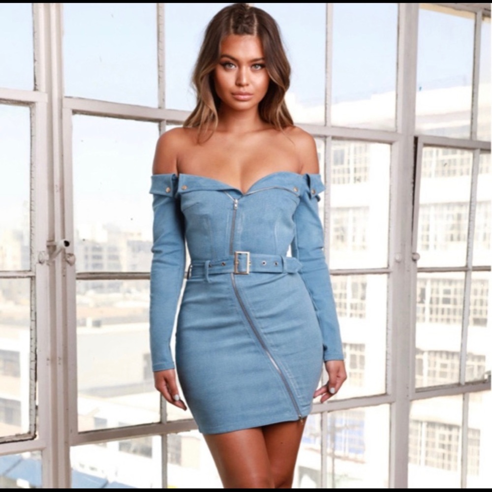 Oh Polly denim off shoulder Bardot dress